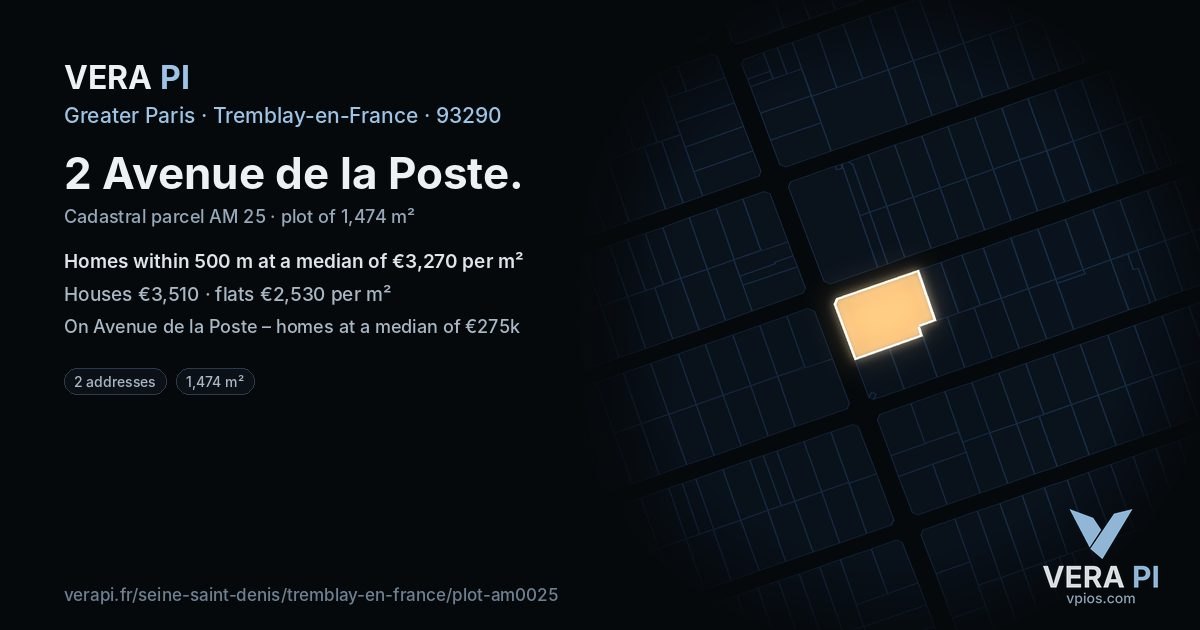 2 Avenue de la Poste, Tremblay-en-France at night – the plot lit, the parcels around coloured by the prices near them