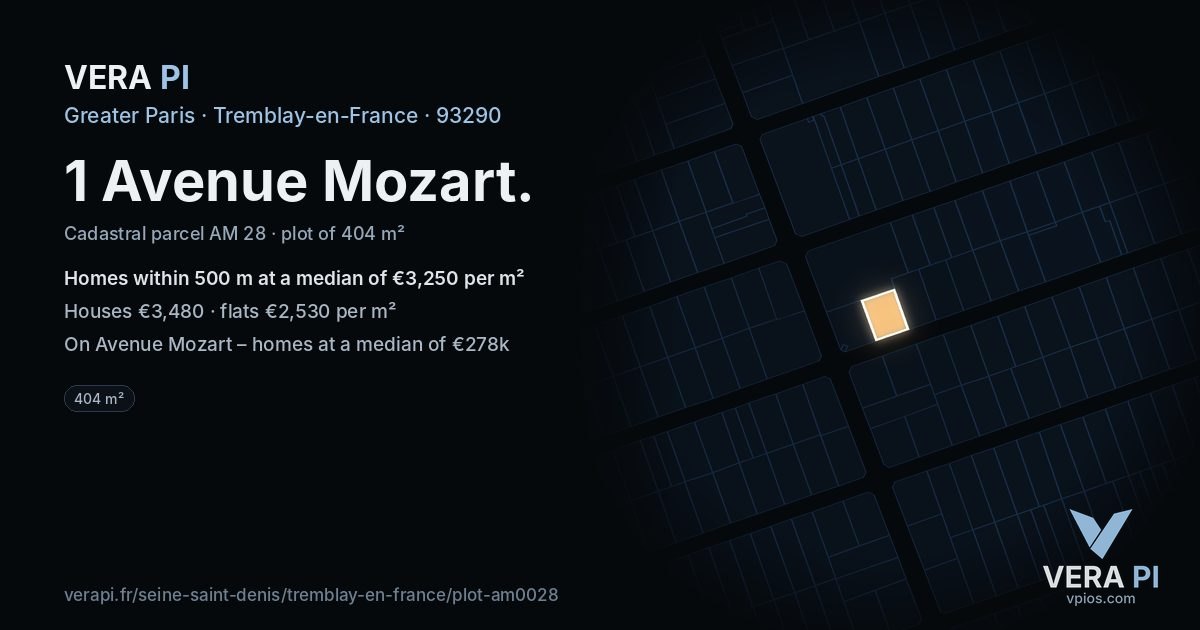 1 Avenue Mozart, Tremblay-en-France at night – the plot lit, the parcels around coloured by the prices near them