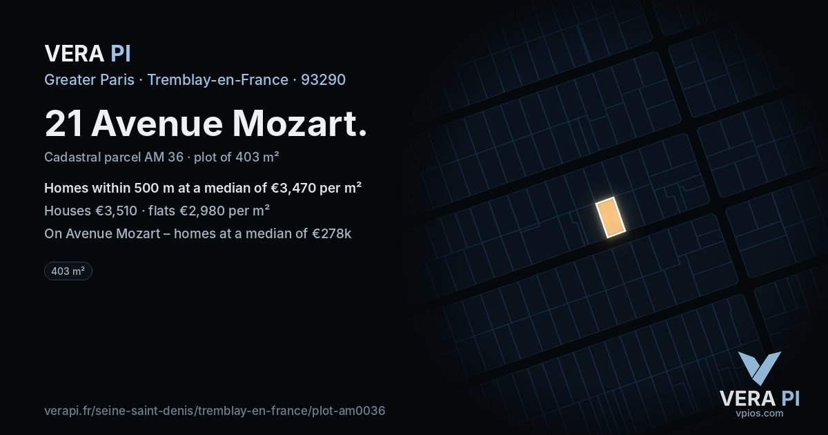 21 Avenue Mozart, Tremblay-en-France at night – the plot lit, the parcels around coloured by the prices near them