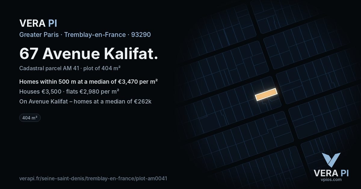 67 Avenue Kalifat, Tremblay-en-France at night – the plot lit, the parcels around coloured by the prices near them