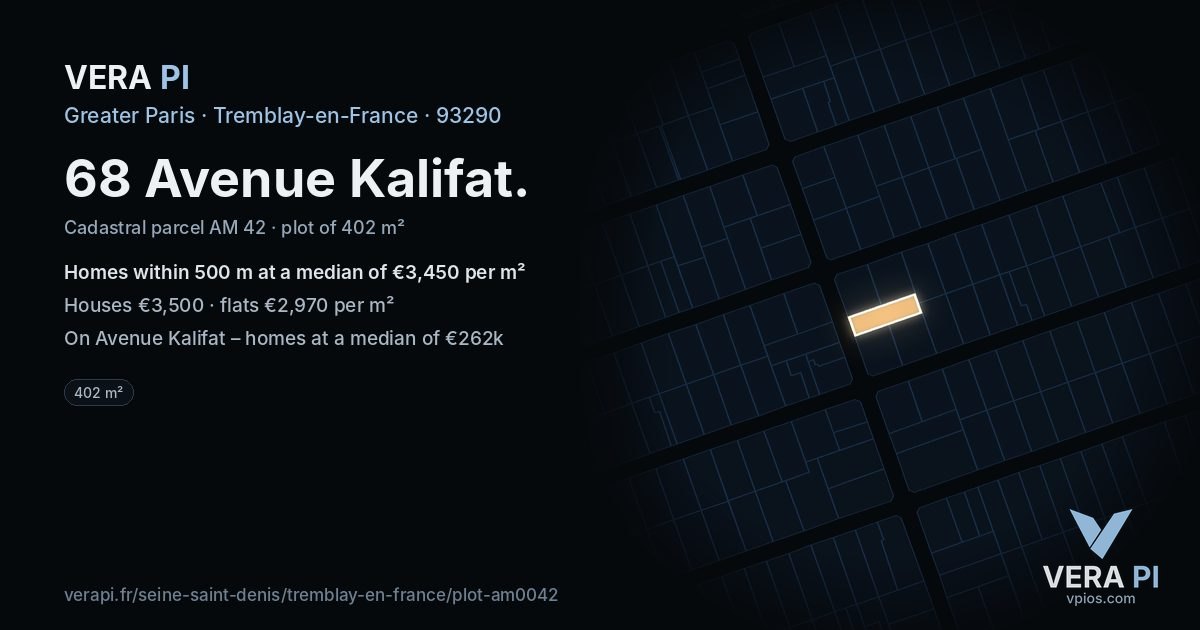 68 Avenue Kalifat, Tremblay-en-France at night – the plot lit, the parcels around coloured by the prices near them