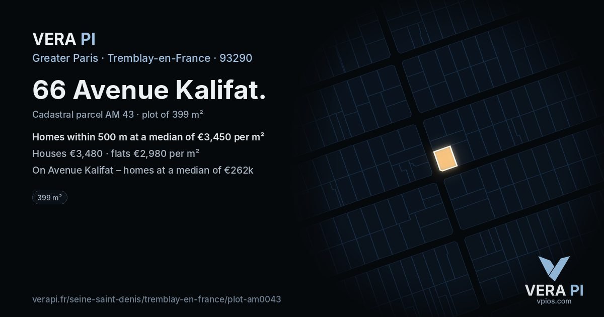 66 Avenue Kalifat, Tremblay-en-France at night – the plot lit, the parcels around coloured by the prices near them