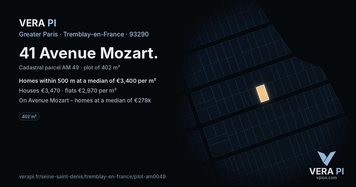 41 Avenue Mozart, Tremblay-en-France at night – the plot lit, the parcels around coloured by the prices near them