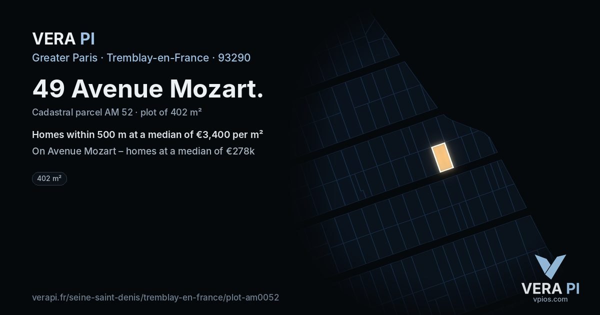 49 Avenue Mozart, Tremblay-en-France at night – the plot lit, the parcels around coloured by the prices near them
