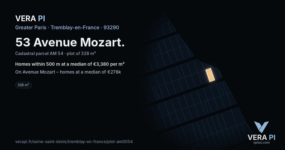 53 Avenue Mozart, Tremblay-en-France at night – the plot lit, the parcels around coloured by the prices near them