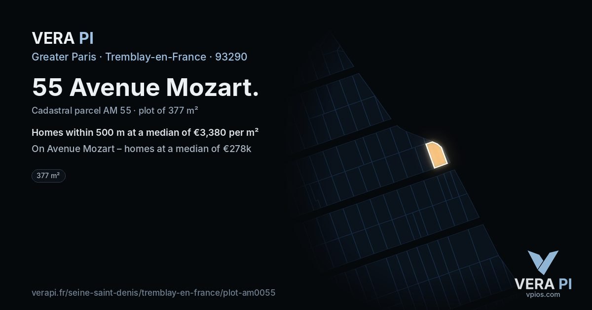 55 Avenue Mozart, Tremblay-en-France at night – the plot lit, the parcels around coloured by the prices near them