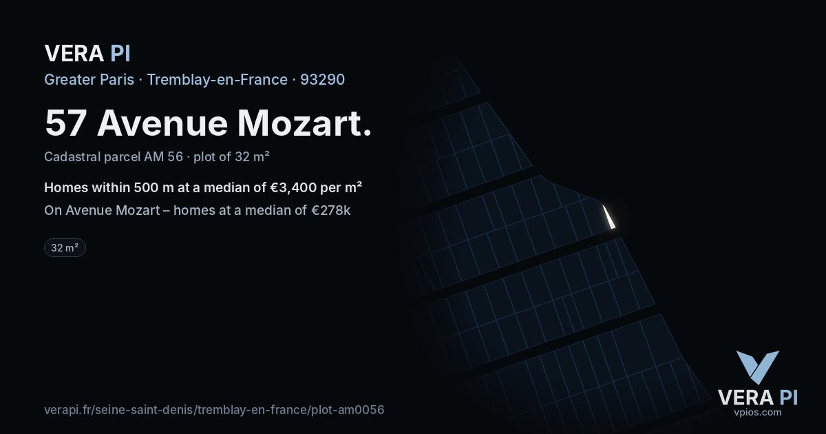 57 Avenue Mozart, Tremblay-en-France at night – the plot lit, the parcels around coloured by the prices near them