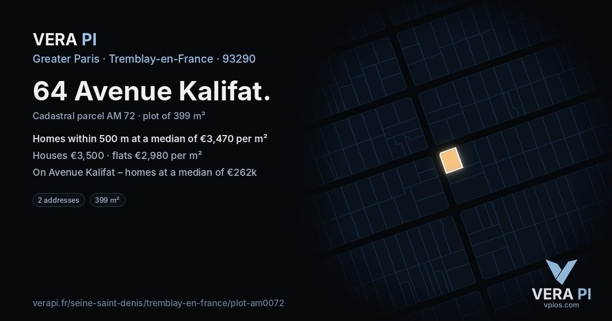 64 Avenue Kalifat, Tremblay-en-France at night – the plot lit, the parcels around coloured by the prices near them