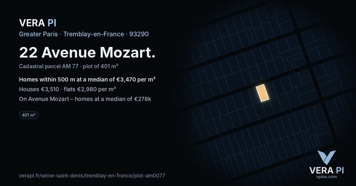 22 Avenue Mozart, Tremblay-en-France at night – the plot lit, the parcels around coloured by the prices near them