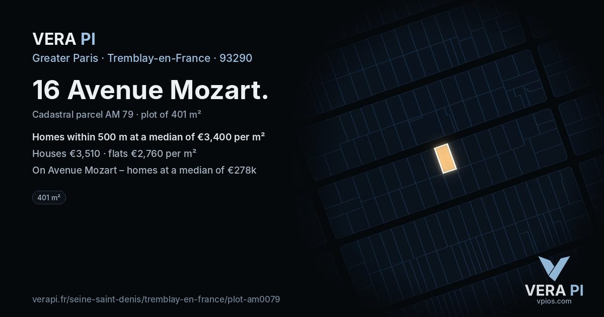 16 Avenue Mozart, Tremblay-en-France at night – the plot lit, the parcels around coloured by the prices near them