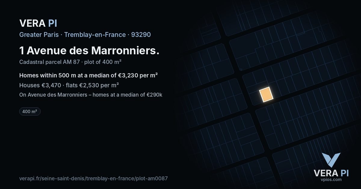 1 Avenue des Marronniers, Tremblay-en-France at night – the plot lit, the parcels around coloured by the prices near them
