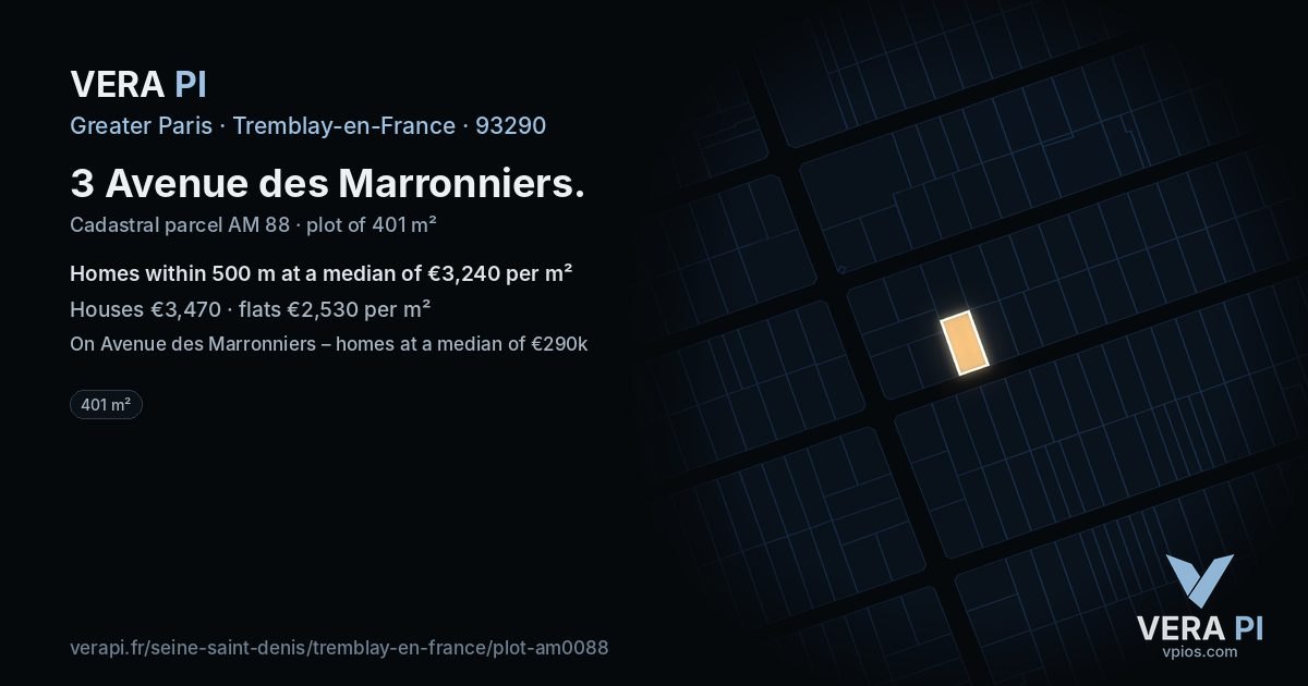 3 Avenue des Marronniers, Tremblay-en-France at night – the plot lit, the parcels around coloured by the prices near them