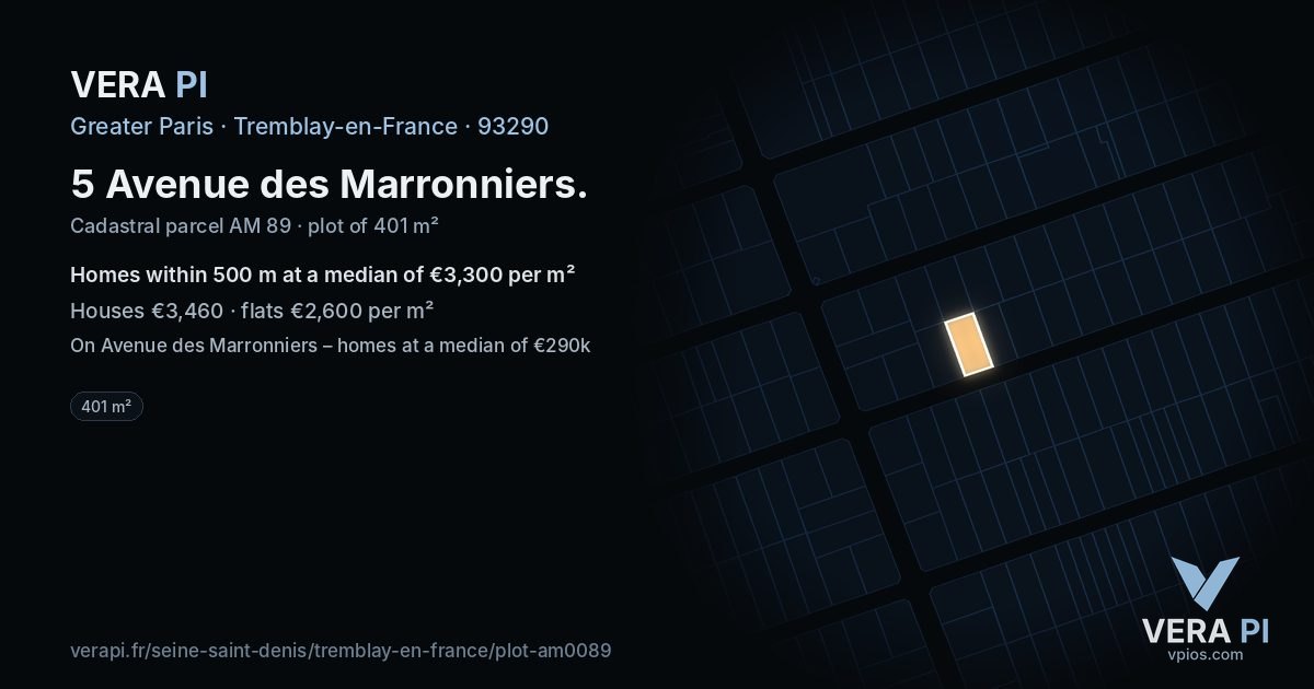 5 Avenue des Marronniers, Tremblay-en-France at night – the plot lit, the parcels around coloured by the prices near them