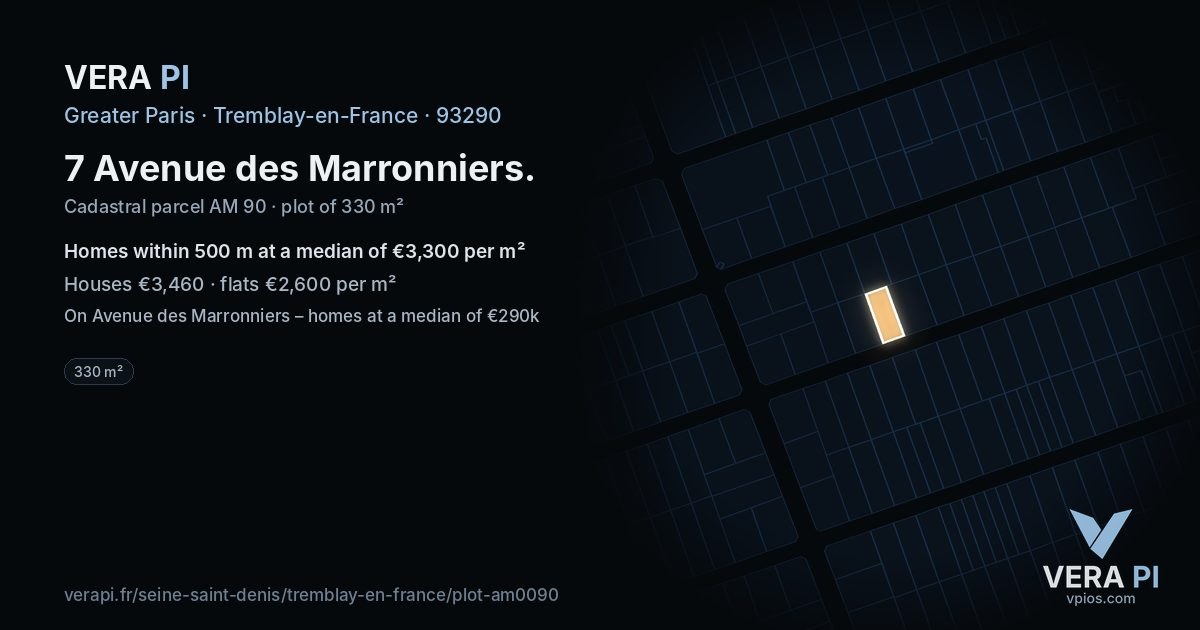 7 Avenue des Marronniers, Tremblay-en-France at night – the plot lit, the parcels around coloured by the prices near them