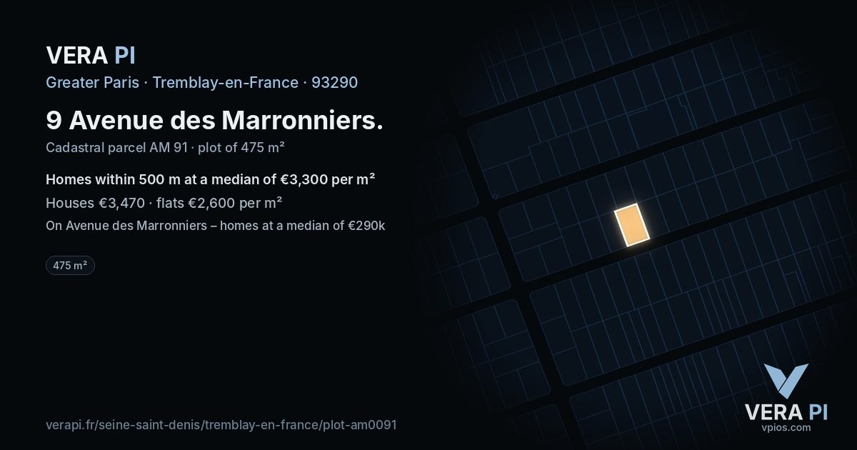 9 Avenue des Marronniers, Tremblay-en-France at night – the plot lit, the parcels around coloured by the prices near them