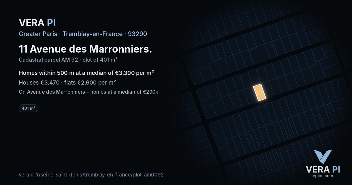 11 Avenue des Marronniers, Tremblay-en-France at night – the plot lit, the parcels around coloured by the prices near them