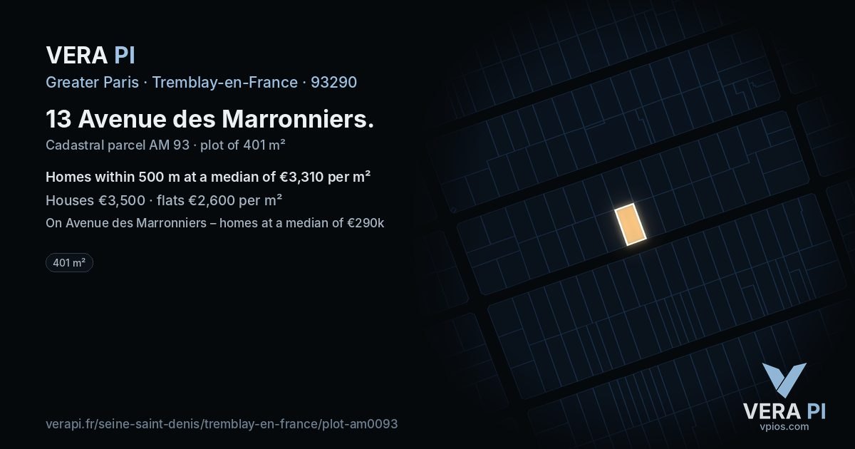 13 Avenue des Marronniers, Tremblay-en-France at night – the plot lit, the parcels around coloured by the prices near them