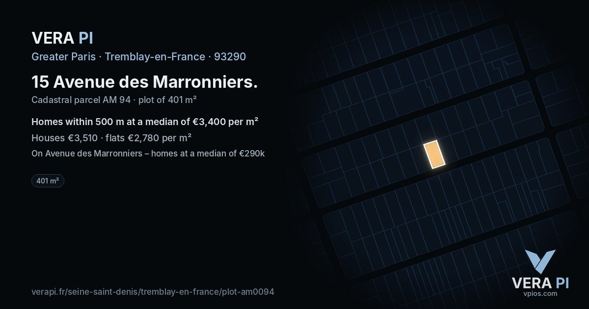 15 Avenue des Marronniers, Tremblay-en-France at night – the plot lit, the parcels around coloured by the prices near them
