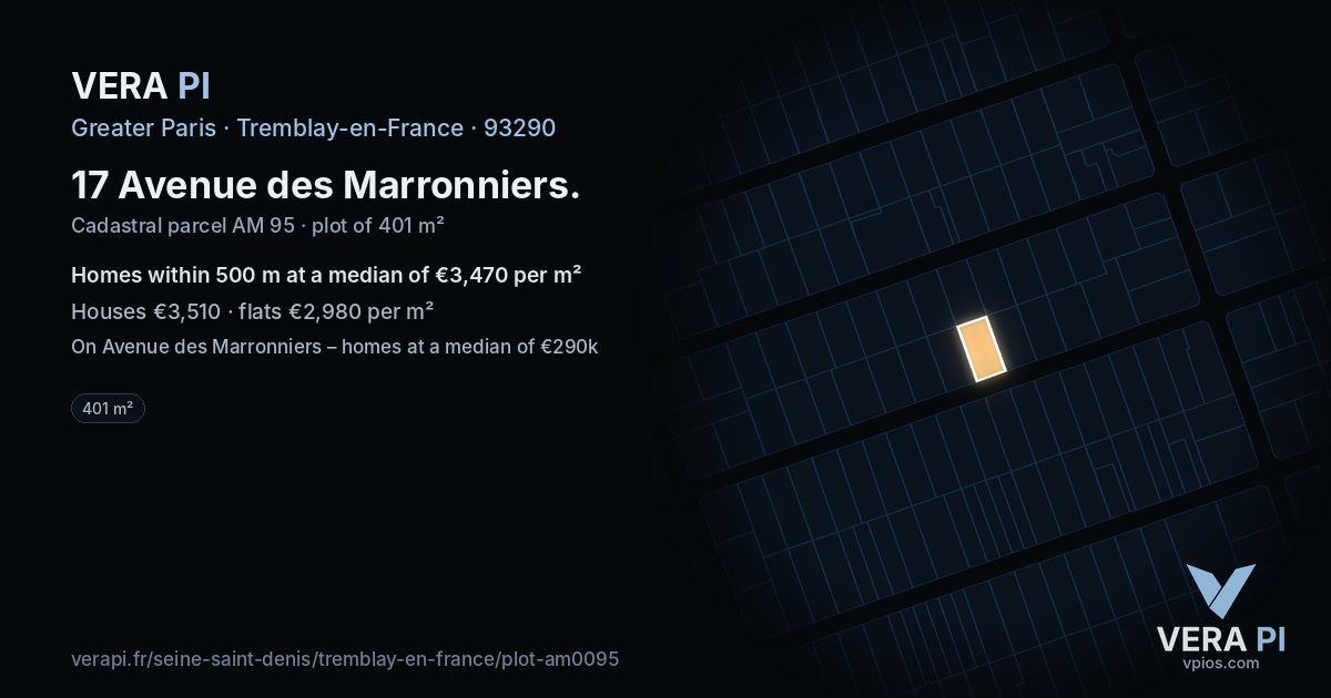 17 Avenue des Marronniers, Tremblay-en-France at night – the plot lit, the parcels around coloured by the prices near them