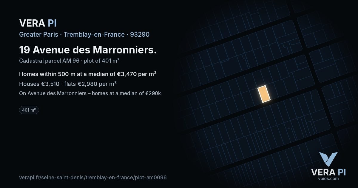 19 Avenue des Marronniers, Tremblay-en-France at night – the plot lit, the parcels around coloured by the prices near them