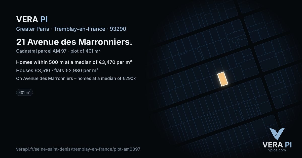 21 Avenue des Marronniers, Tremblay-en-France at night – the plot lit, the parcels around coloured by the prices near them