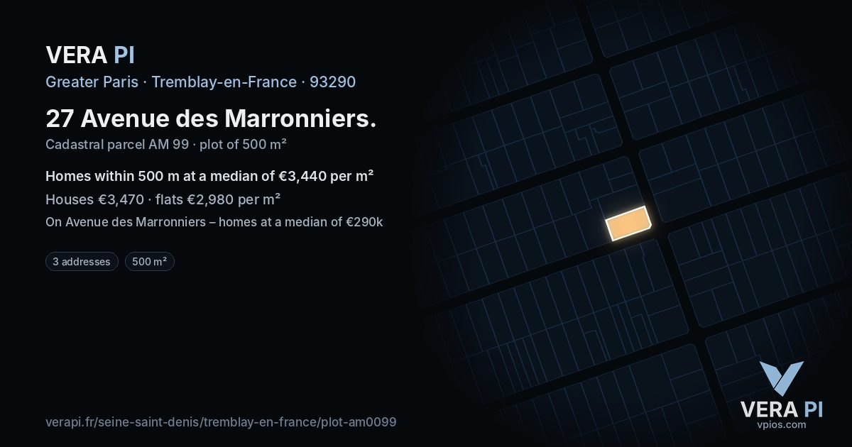 27 Avenue des Marronniers, Tremblay-en-France at night – the plot lit, the parcels around coloured by the prices near them