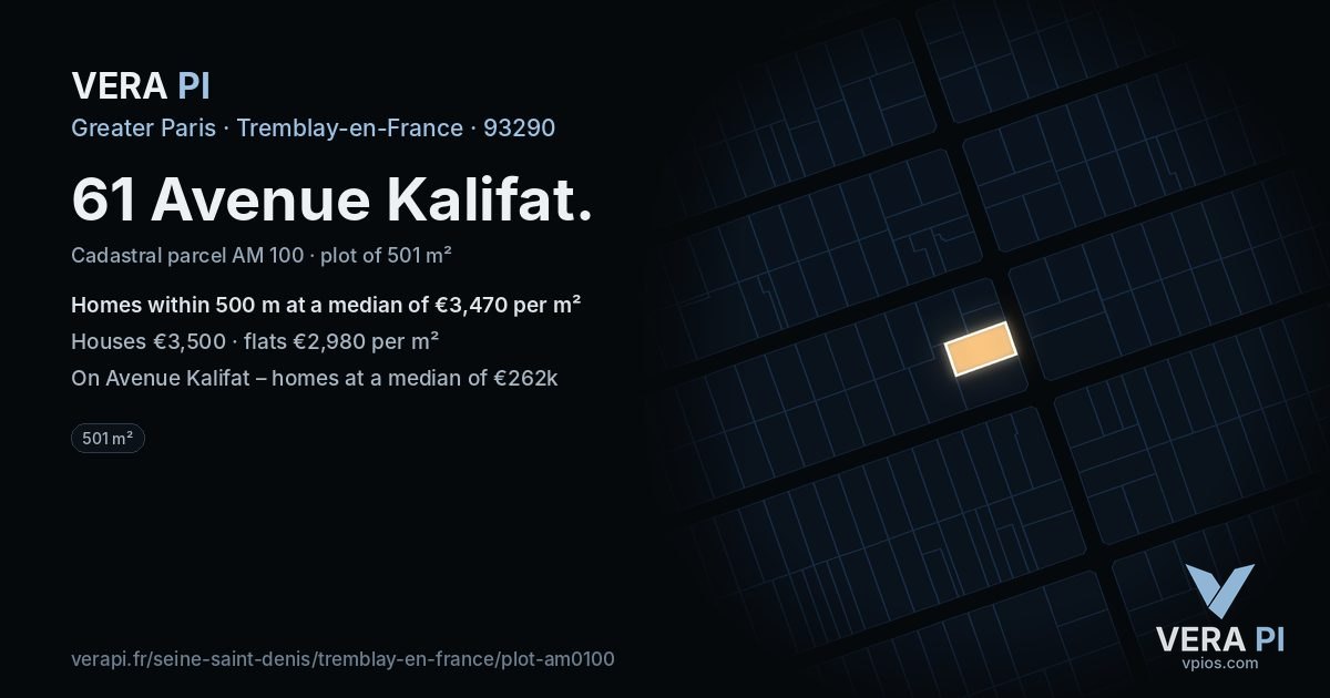 61 Avenue Kalifat, Tremblay-en-France at night – the plot lit, the parcels around coloured by the prices near them