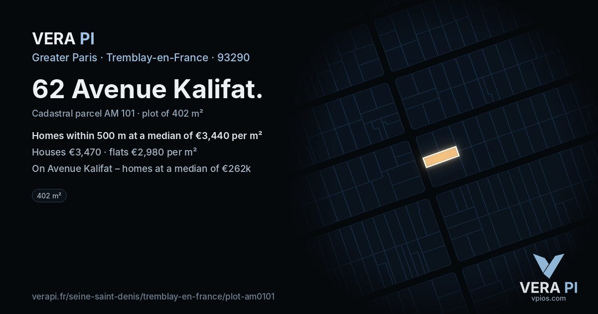 62 Avenue Kalifat, Tremblay-en-France at night – the plot lit, the parcels around coloured by the prices near them