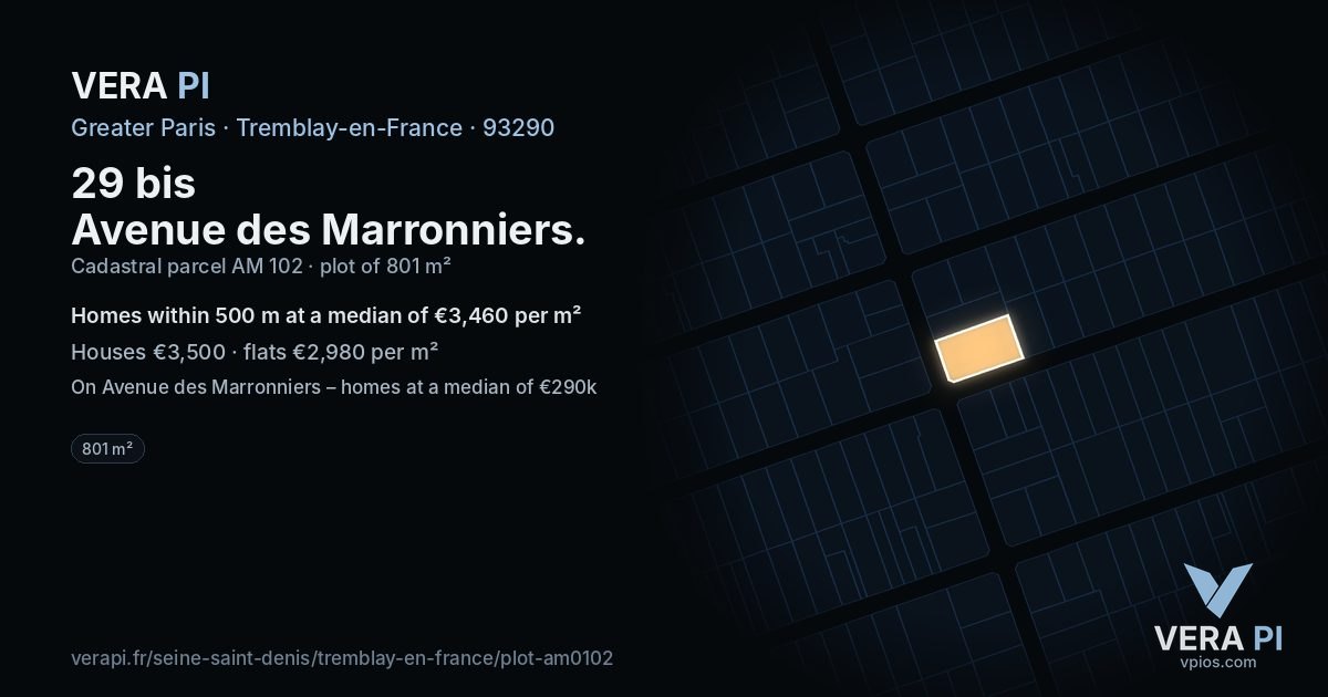 29 bis Avenue des Marronniers, Tremblay-en-France at night – the plot lit, the parcels around coloured by the prices near them