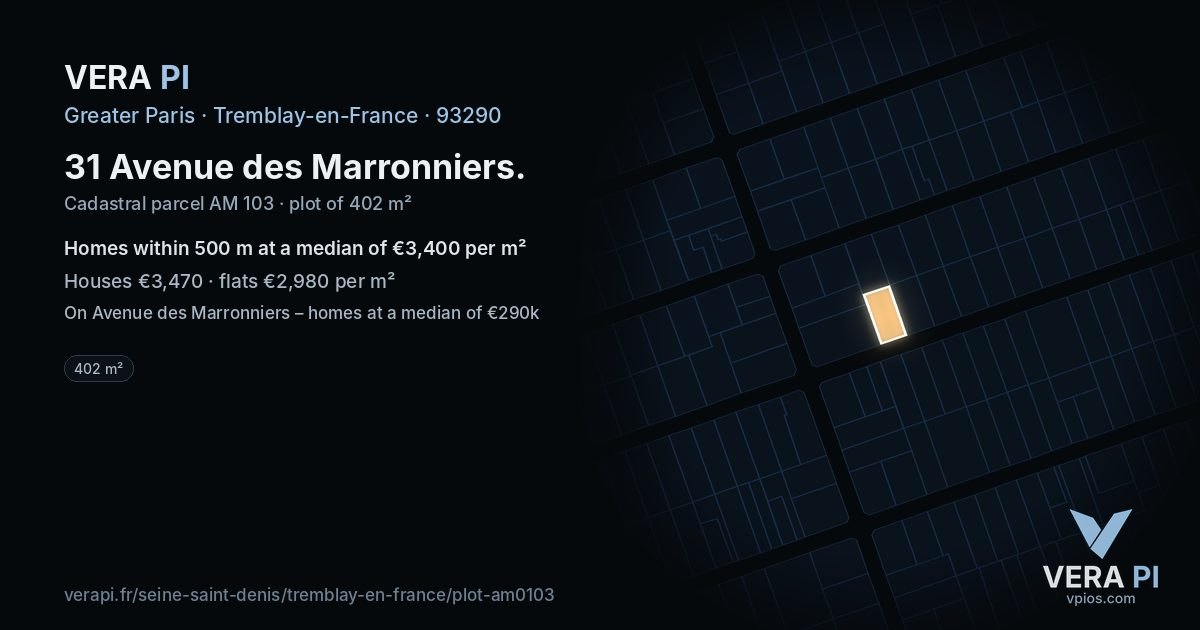 31 Avenue des Marronniers, Tremblay-en-France at night – the plot lit, the parcels around coloured by the prices near them