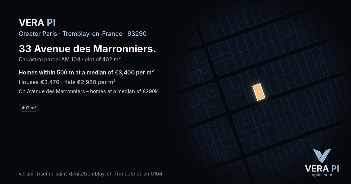 33 Avenue des Marronniers, Tremblay-en-France at night – the plot lit, the parcels around coloured by the prices near them