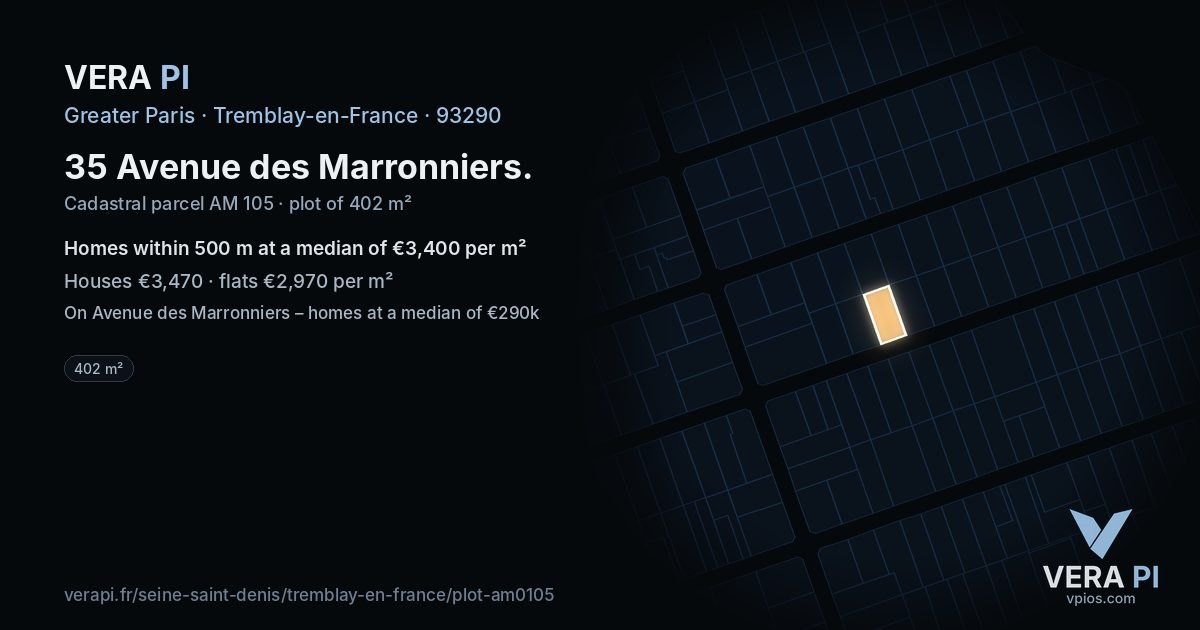35 Avenue des Marronniers, Tremblay-en-France at night – the plot lit, the parcels around coloured by the prices near them