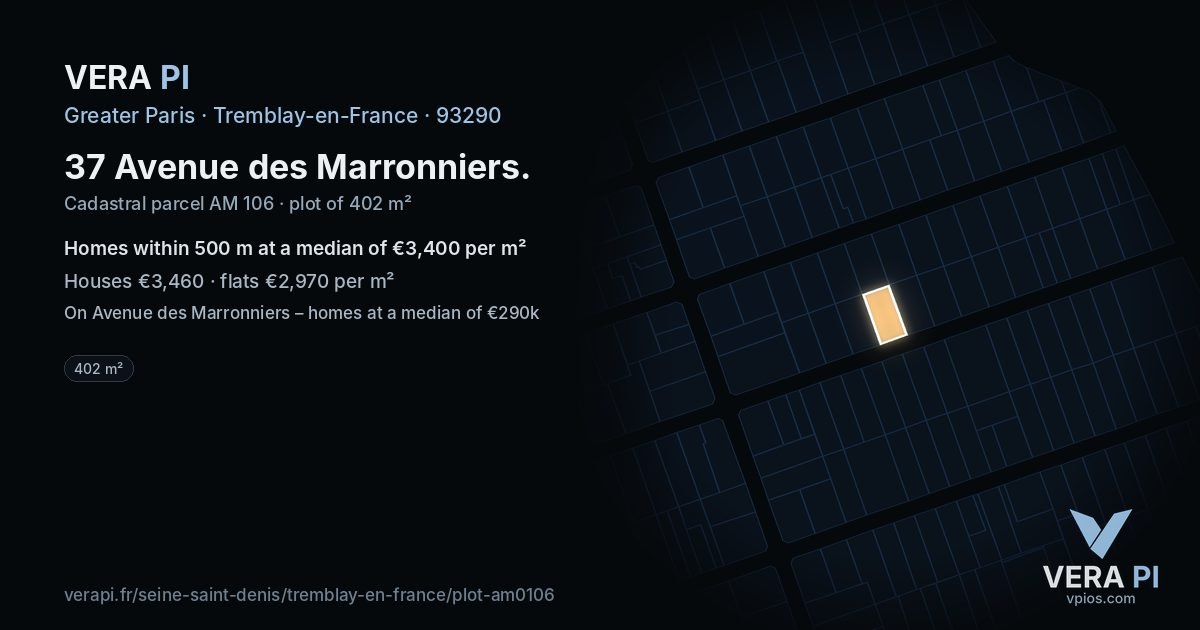37 Avenue des Marronniers, Tremblay-en-France at night – the plot lit, the parcels around coloured by the prices near them