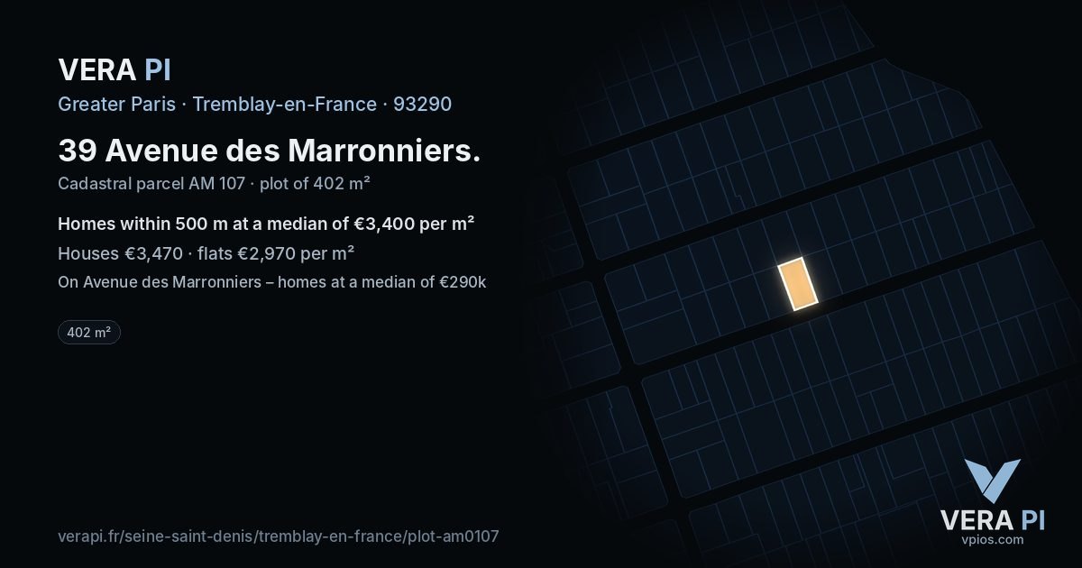 39 Avenue des Marronniers, Tremblay-en-France at night – the plot lit, the parcels around coloured by the prices near them