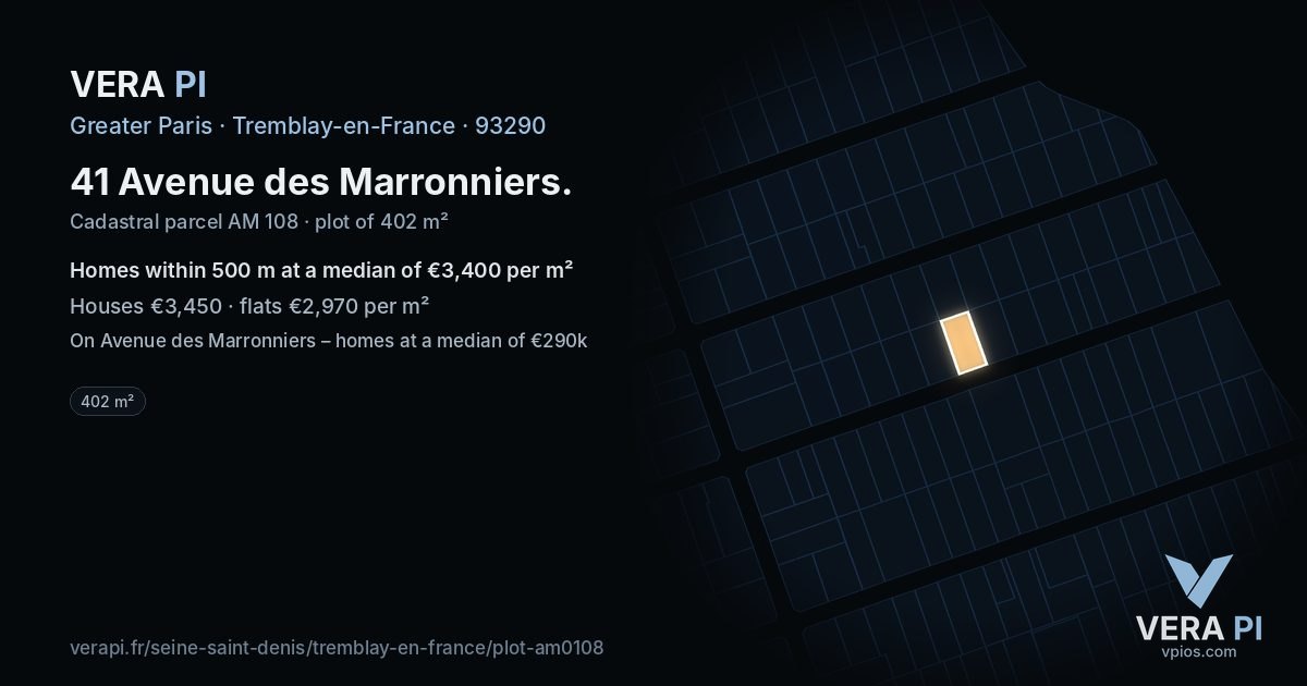 41 Avenue des Marronniers, Tremblay-en-France at night – the plot lit, the parcels around coloured by the prices near them