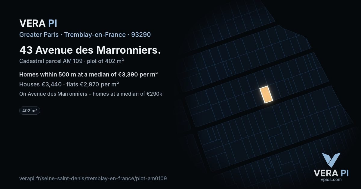 43 Avenue des Marronniers, Tremblay-en-France at night – the plot lit, the parcels around coloured by the prices near them