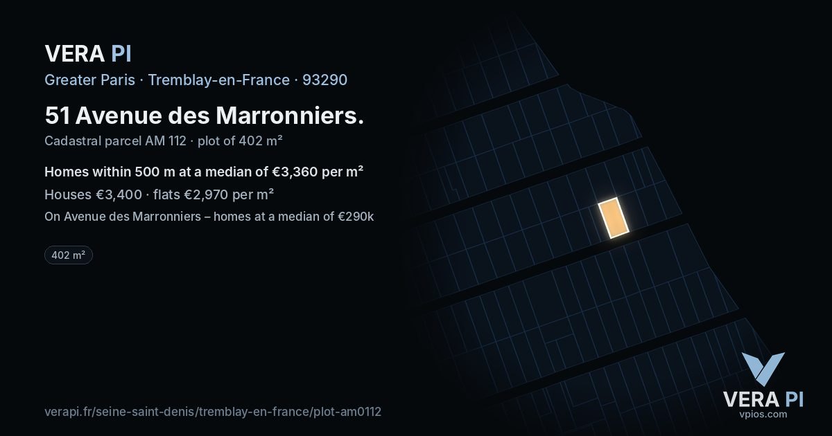 51 Avenue des Marronniers, Tremblay-en-France at night – the plot lit, the parcels around coloured by the prices near them