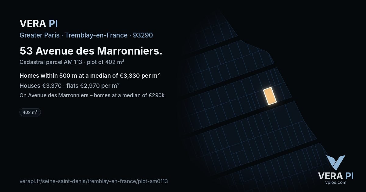53 Avenue des Marronniers, Tremblay-en-France at night – the plot lit, the parcels around coloured by the prices near them