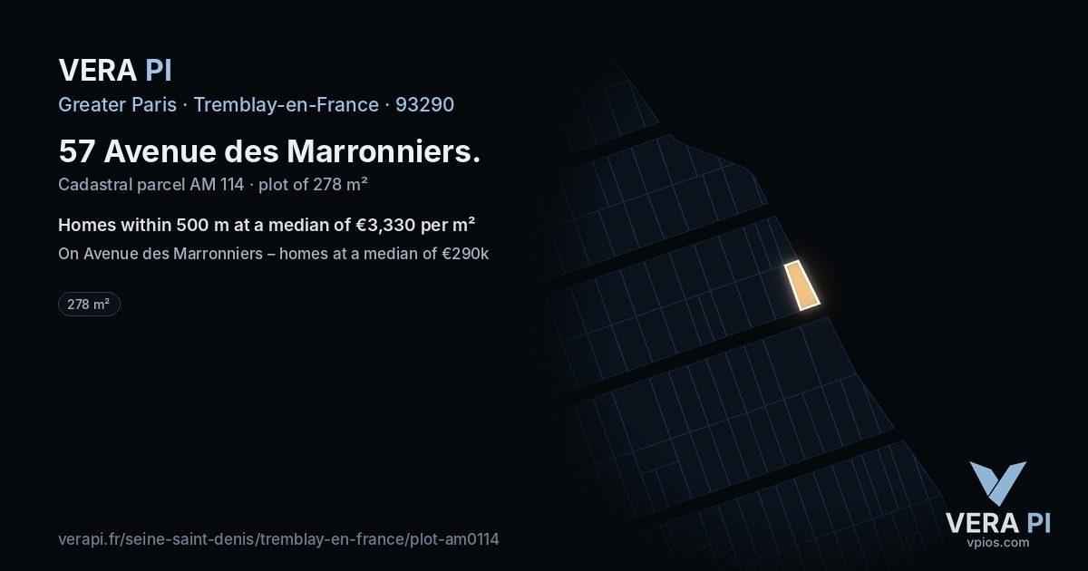 57 Avenue des Marronniers, Tremblay-en-France at night – the plot lit, the parcels around coloured by the prices near them
