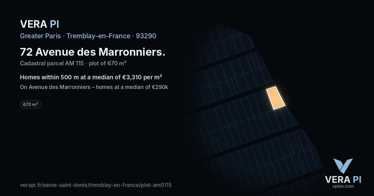 72 Avenue des Marronniers, Tremblay-en-France at night – the plot lit, the parcels around coloured by the prices near them