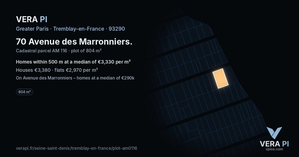 70 Avenue des Marronniers, Tremblay-en-France at night – the plot lit, the parcels around coloured by the prices near them