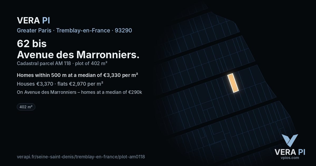 62 bis Avenue des Marronniers, Tremblay-en-France at night – the plot lit, the parcels around coloured by the prices near them