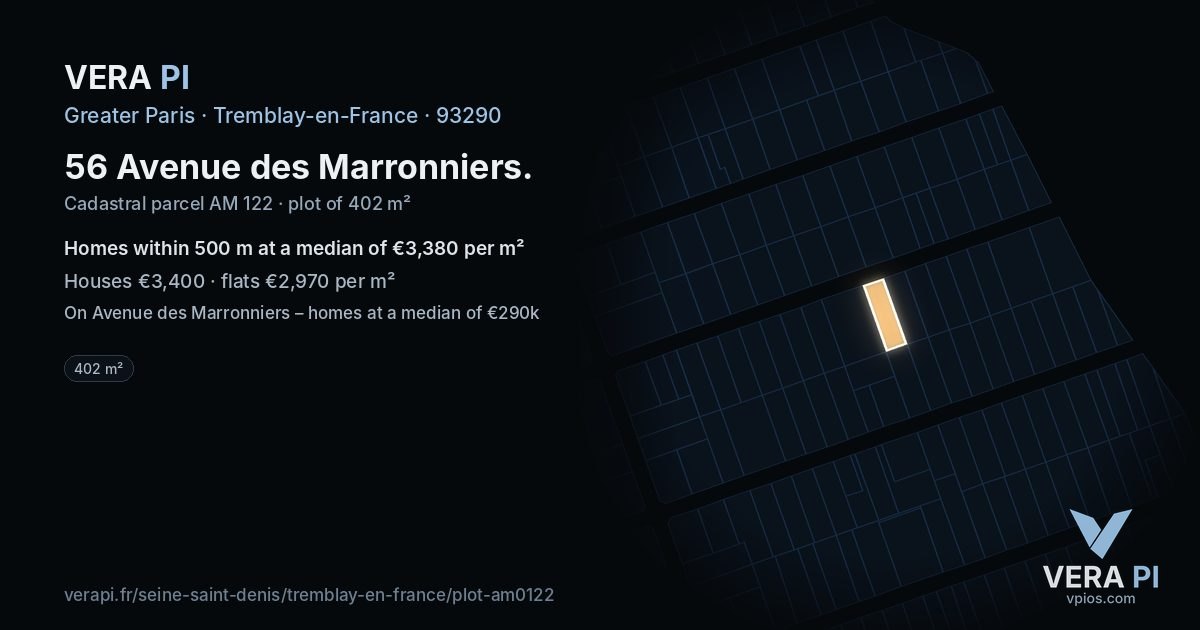 56 Avenue des Marronniers, Tremblay-en-France at night – the plot lit, the parcels around coloured by the prices near them