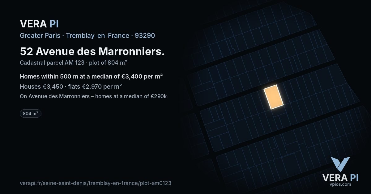 52 Avenue des Marronniers, Tremblay-en-France at night – the plot lit, the parcels around coloured by the prices near them
