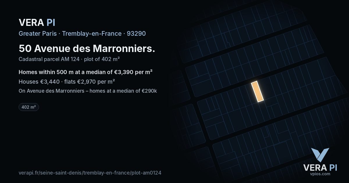 50 Avenue des Marronniers, Tremblay-en-France at night – the plot lit, the parcels around coloured by the prices near them
