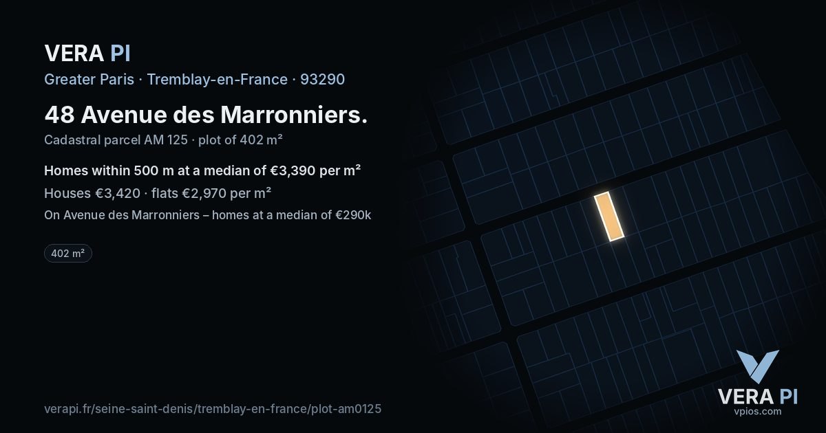 48 Avenue des Marronniers, Tremblay-en-France at night – the plot lit, the parcels around coloured by the prices near them