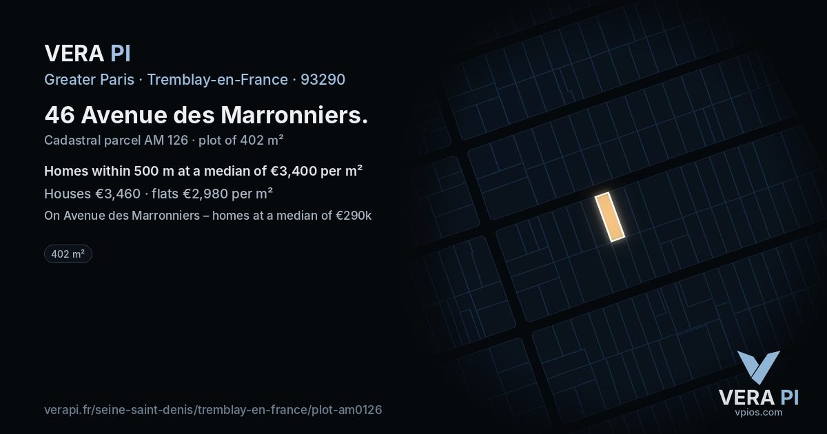 46 Avenue des Marronniers, Tremblay-en-France at night – the plot lit, the parcels around coloured by the prices near them