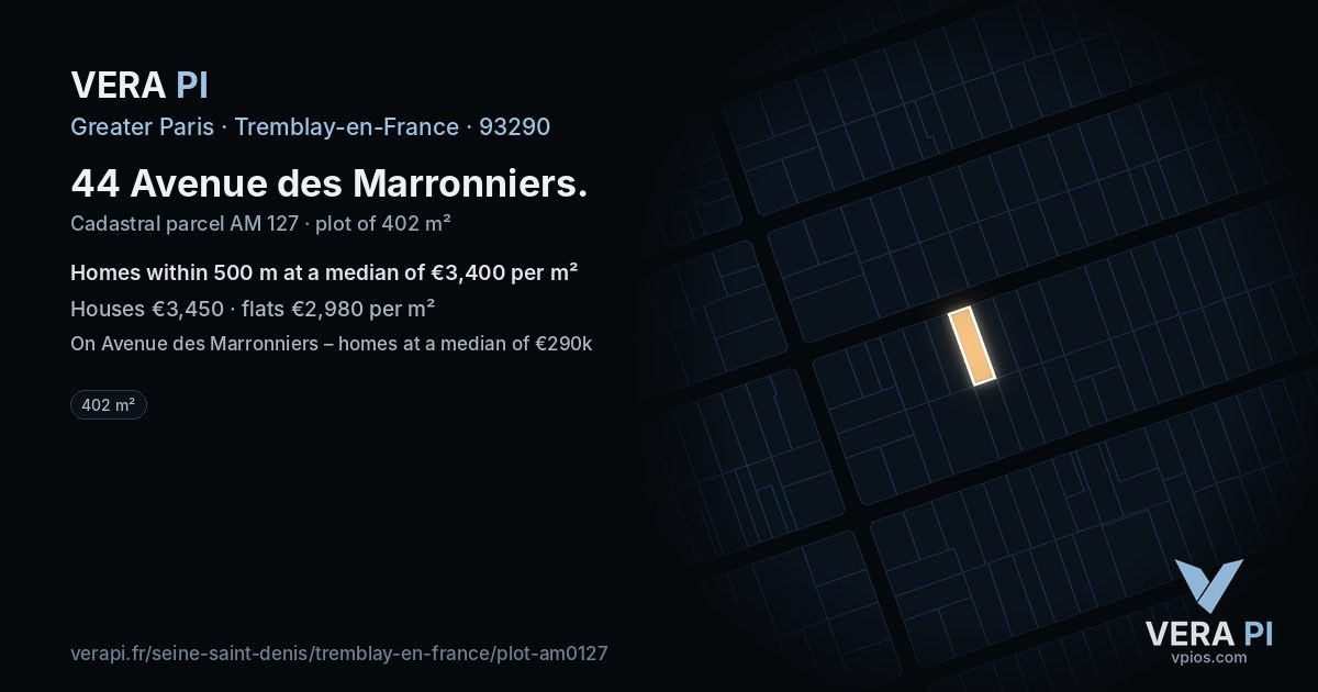 44 Avenue des Marronniers, Tremblay-en-France at night – the plot lit, the parcels around coloured by the prices near them