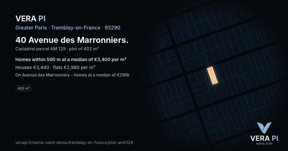 40 Avenue des Marronniers, Tremblay-en-France at night – the plot lit, the parcels around coloured by the prices near them