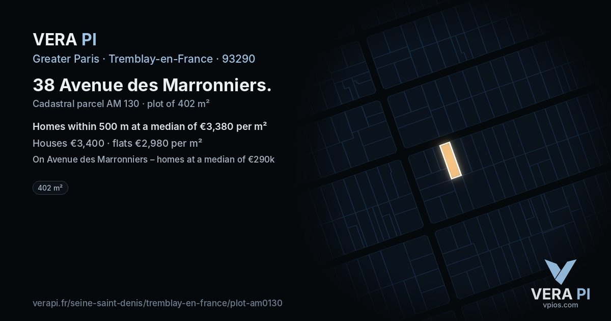 38 Avenue des Marronniers, Tremblay-en-France at night – the plot lit, the parcels around coloured by the prices near them